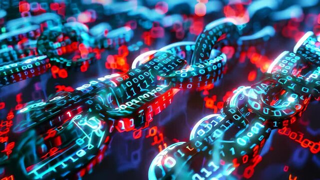A vibrant digital artwork of blockchain technology shows a 3D chain of glowing binary code flowing through dynamic red and blue hues, symbolizing data interconnectivity and security.