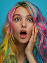 Obraz premium Überraschte junge Frau mit Regenbogenfarbenen Haaren mit weit geöffneten Augen. Ausdrucksstarkes Porträt, emotionale Gestik. Authentische Reaktion, lebendige Mimik