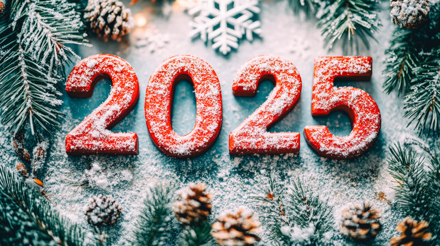 Festive 2025 New Year Celebration with Sparkling Red Numbers and Snowy Pine Branches