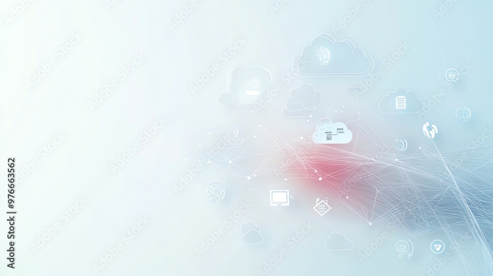 Poster cloud computing concept with 3d white clouds and data icons against a soft blue and pink gradient ba