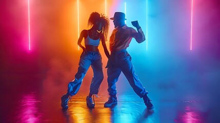 Fototapeta premium Two dancers perform under colorful lights in a dynamic atmosphere.