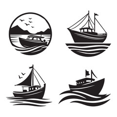 A set of a boat silhouette vector icons and boating logo art illustration design.