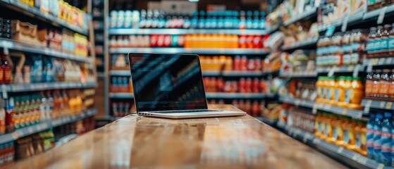 Laptop on table in supermarket online shopping