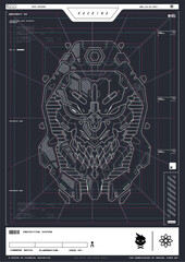 Modern flyer for web and print. hacking, Cyberpunk futuristic poster. Futuristic mecha robot face. Tech Abstract poster template with HUD elements.