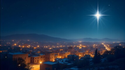 Christmas Star Over Bethlehem, A landscape view of Bethlehem at night, with the Christmas star prominently glowing over the town.