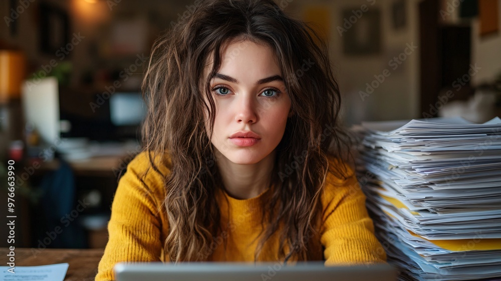 Poster A busy office worker typing frantically on their computer with stacks of paperwork beside them. Dark circles under the eyes, messy hair, and an anxious expression suggest the effects of overworking