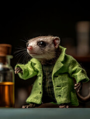 A charming creature dressed in a green coat, standing proudly beside a potion. Perfect for whimsical or scientific themes.