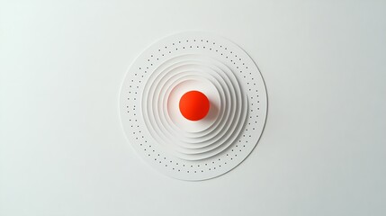 A red sphere sits in the middle of a white circle surrounded by smaller circles and dots.