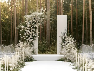 A white wedding ceremony archway decorated with flowers and greenery in a forest setting.