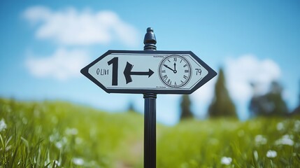 An old-fashioned signpost with two arrows, with one pointing to a clock that reads 12:15 and the other pointing to "OLIM 1"