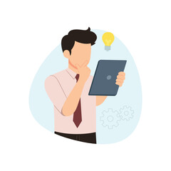 Businessman thinking and analysis data on tablet computer isolated on white background flat vector cartoon illustration
