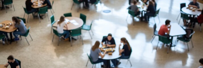Students are seen socializing and studying at various tables in a school cafeteria, which highlights the social aspect of education and the importance of community and learning.