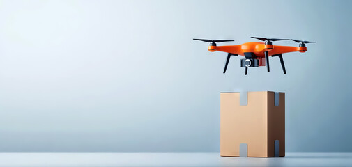 A drone hovering above a cardboard box, showcasing modern delivery technology and logistics innovation in a minimalistic setting.