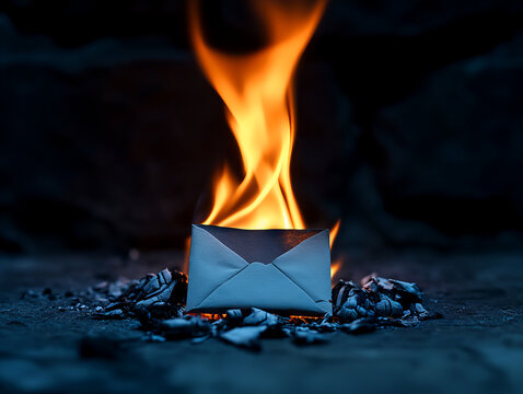A dramatic scene of a burning envelope surrounded by glowing ashes, symbolizing destruction or the end of communication.