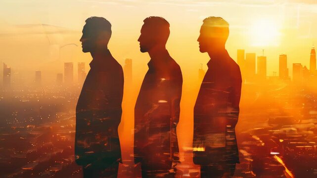 Exploring self-reflection and urban landscapes at sunset in a city with diverse silhouettes