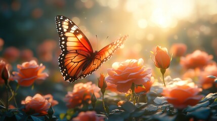 A butterfly flutters among blooming roses in a sunlit garden.