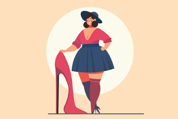 body positivity concept. influencer broadcast, product review, fat chubby woman -man character. fashion pose. shopping banner, promotion ads. discount , sale, poster 