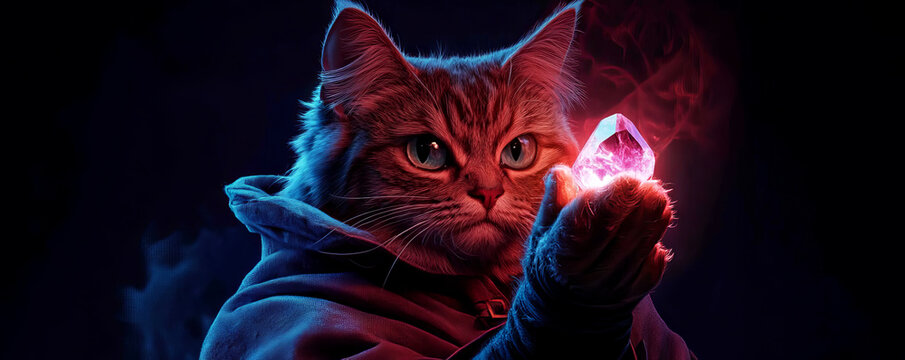 A mystical cat wizard holds a glowing crystal, showcasing magical energy in a dark, enchanting atmosphere.