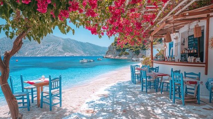 Fototapeta premium Turquoise sea water and boats on a sunny day at a greek beach with a cozy restaurant