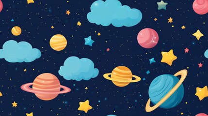 Obraz premium A fun and colorful cartoon seamless pattern featuring planets, stars, and clouds against a dark blue background.