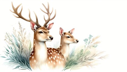Illustration of a Male and Female Deer with Antlers in a Natural Setting with Grass and Leaves