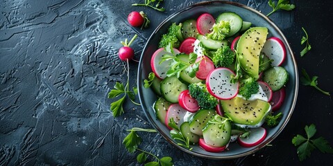 Nutritious plant-based salad featuring radish, cucumber, avocado, and yogurt.