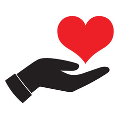 Helping hand with love shape vector icon, black and red logo silhouette design