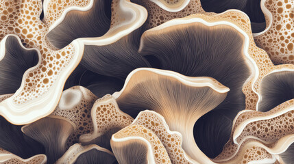 Macro pattern of mycelium fungus for scientific and medical research. Features a science-themed backdrop with a futuristic plant microbiology and healthcare focus. Vector illustration.