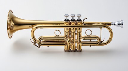 Obraz premium A shiny brass trumpet with three valves, used for musical performance.