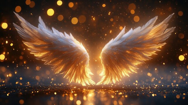 Pair of burning angel wings rising from water reflecting light particles