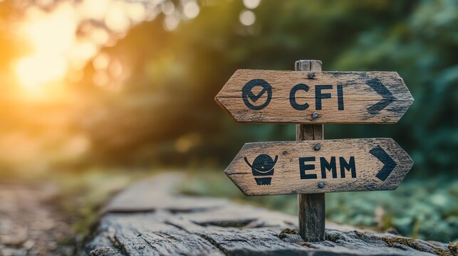 A wooden signpost in a forest points to two directions, one to "CFI", and the other to "EMM".