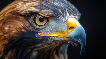 Golden eagle staring with intense gaze on dark background