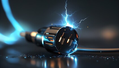 Futuristic 3D plug engaging with a luminous socket in a shadowy, abstract environment, emphasizing the essence of power and energy connectivity