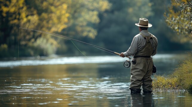 Fly fisherman casting in river surrounded by autumn colors - Powered by Adobe