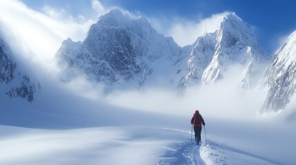 Mountaineer walking towards snowy mountain peaks through fog