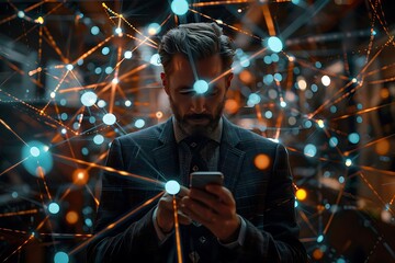 A man interacts with a smartphone amidst a network of glowing connections.