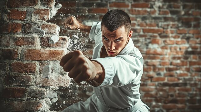 A man in a karate uniform is breaking a brick wall with a punch.
