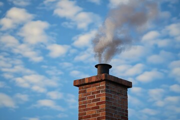 Brick chimney releasing smoke into blue sky with clouds
