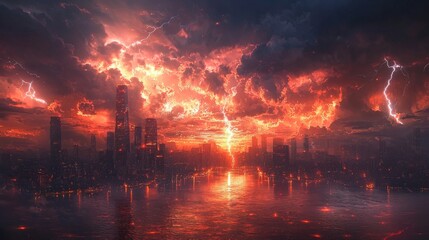 Fototapeta premium Skyline under a striking climate storm, lightning illuminating the scene with energy