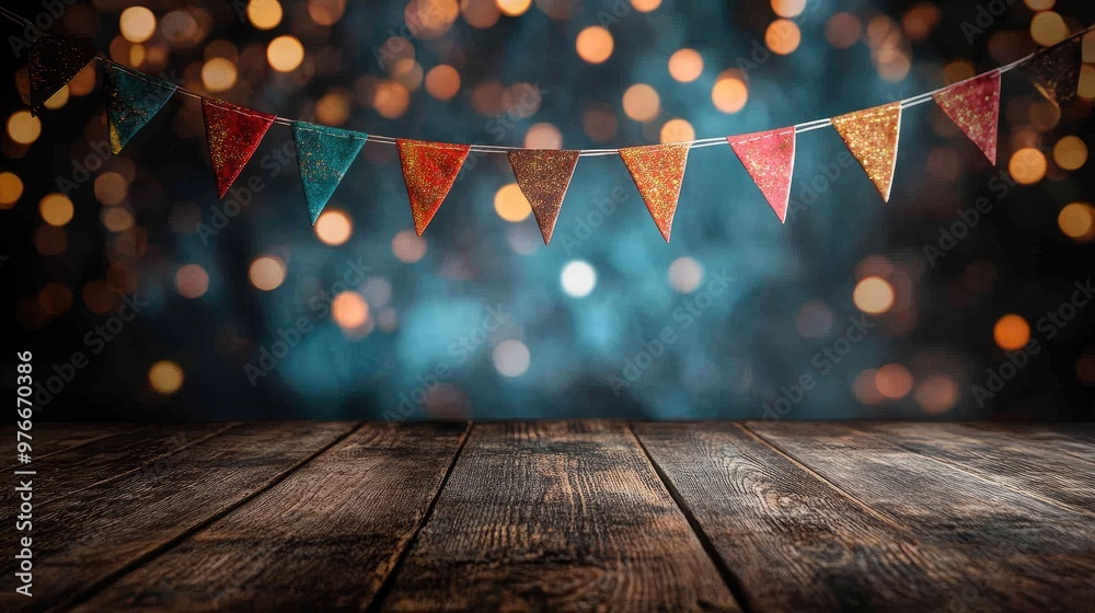 Poster Colorful party flags hanging over rustic wooden table with sparkling bokeh lights