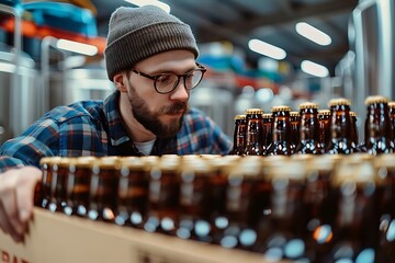 A man inspects beer bottles in a brewery setting.
