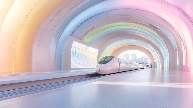 A futuristic hyperloop station with bioluminescent trains and holographic route maps promoting high-speed travel