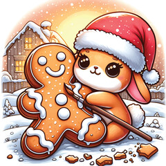 Bunny Hugging a Gingerbread Man Christmas Vector Illustration