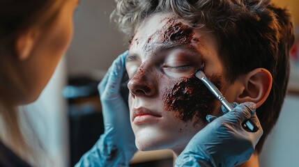 Close-up of a young man undergoing special effects zombie makeup application, prepare for Halloween event, horror movie etc.