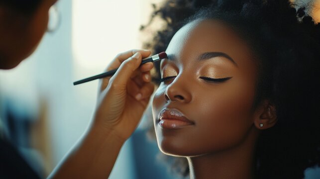 Close-up of a Young Black Woman Receiving a Makeup Application in Warm Studio Light, for beauty, fashion, or editorial purposes.