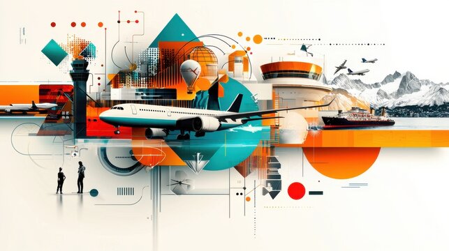 Global Journeys: Modern Travel Exhibition Poster with Vibrant Elements and Elegant Typography