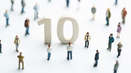 Miniature figurines of diverse people standing next to the number 10, symbolizing diversity, unity, and teamwork, ideal for group projects, business promotions, and educational content