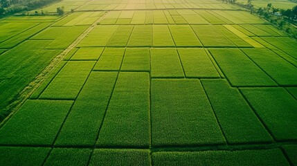 An aerial view from a flying drone capturing a rice field with a green, patterned landscape. 