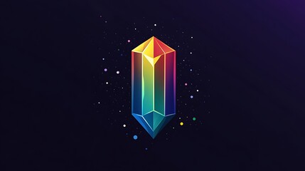 A colorful, geometric crystal with a rainbow sheen on a black background with small multi-colored dots.