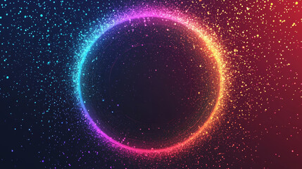 Circle frame made of particles with a shockwave explosion effect on a dark background. Features a digital explosion and radial sound wave for music visualization. Colorful equalizer background.